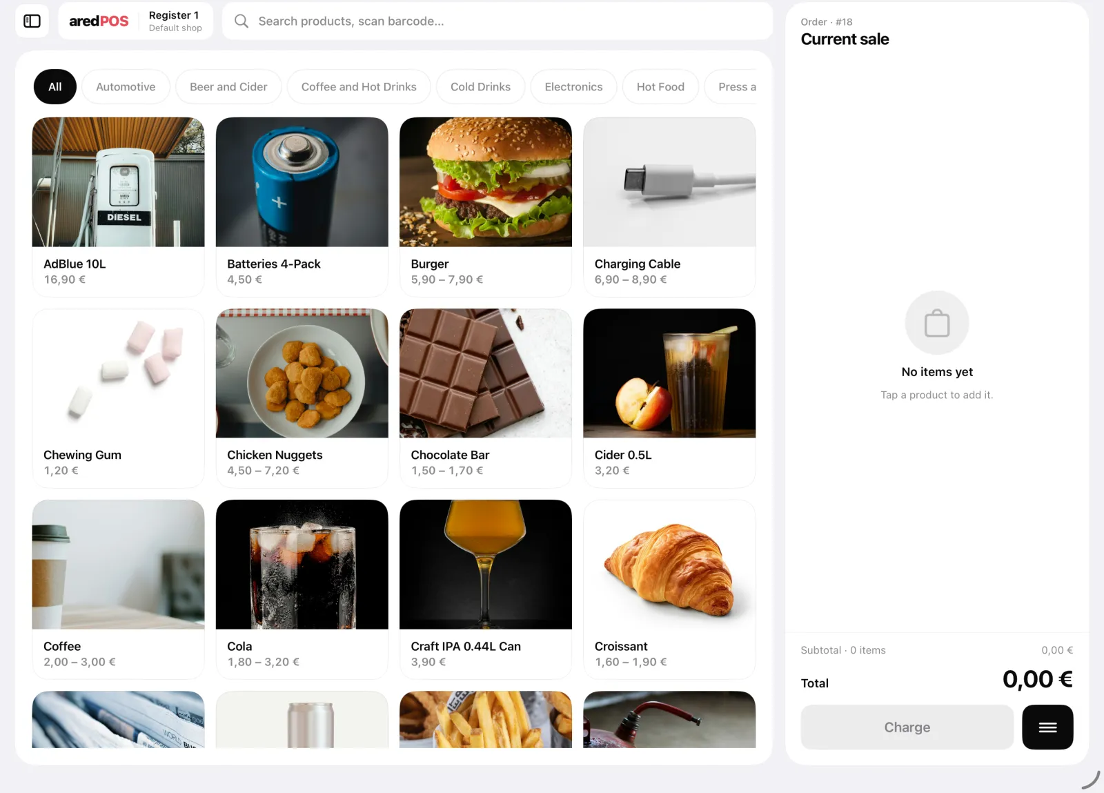 The ared register on an iPad: product grid and an empty bill