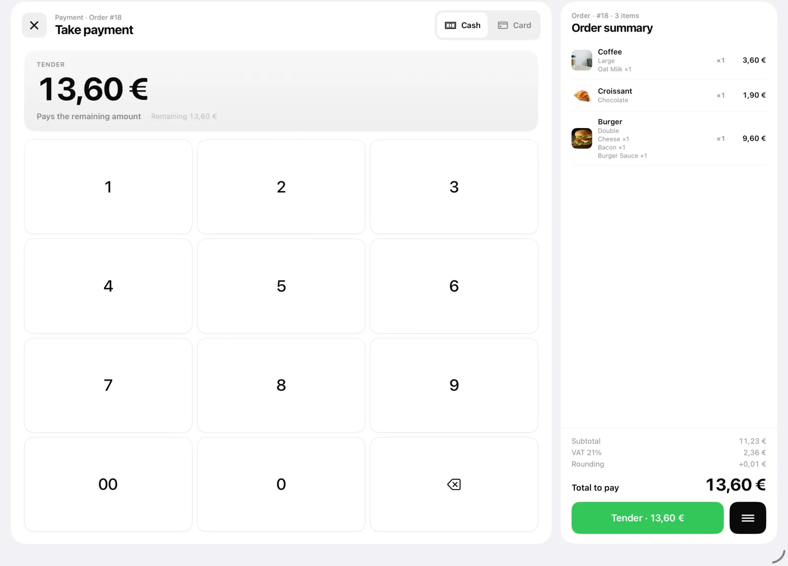 The take-payment screen: the cash amount entered on the keypad, with change and rounding shown