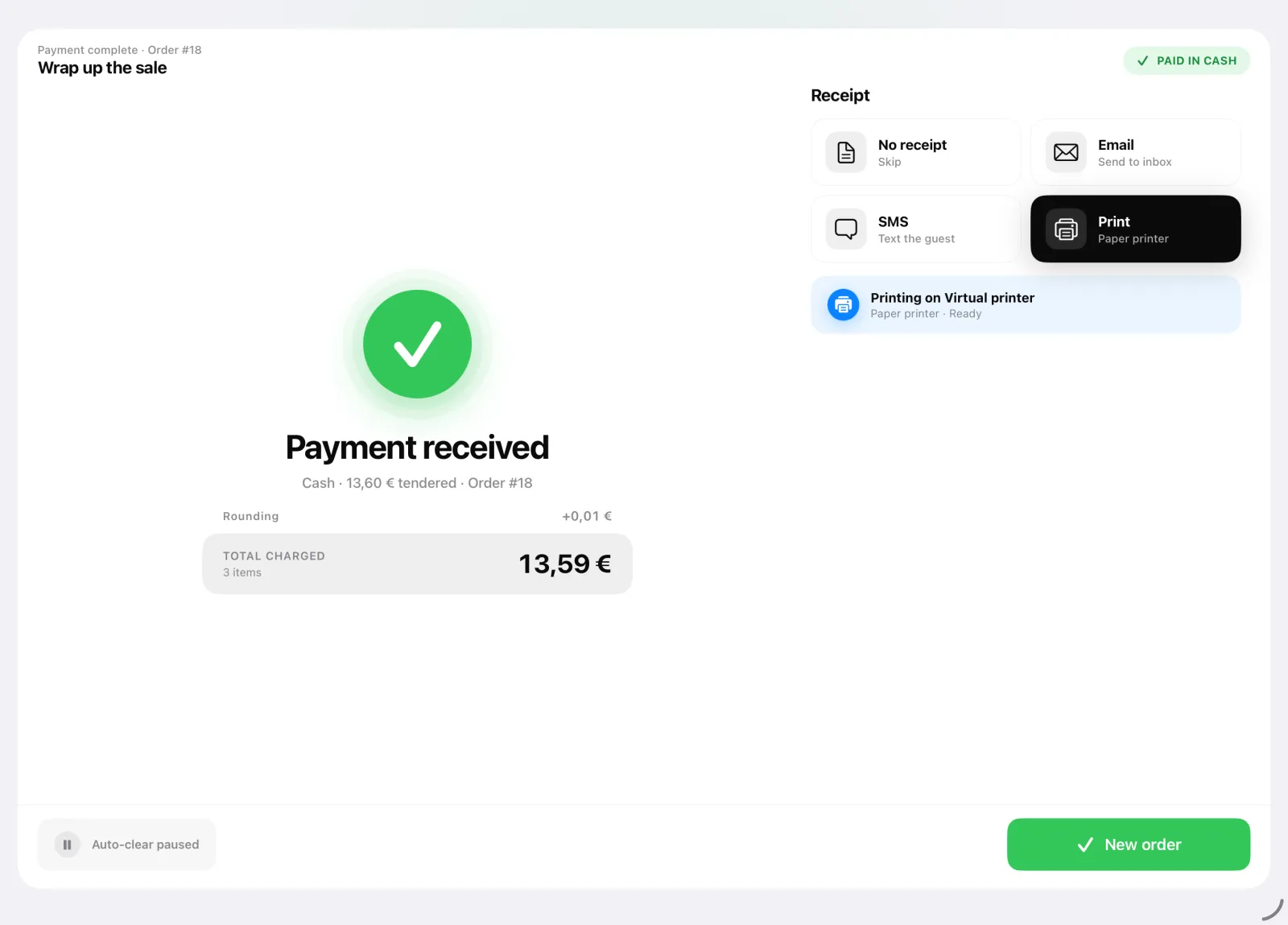 Receipt printing on the virtual printer