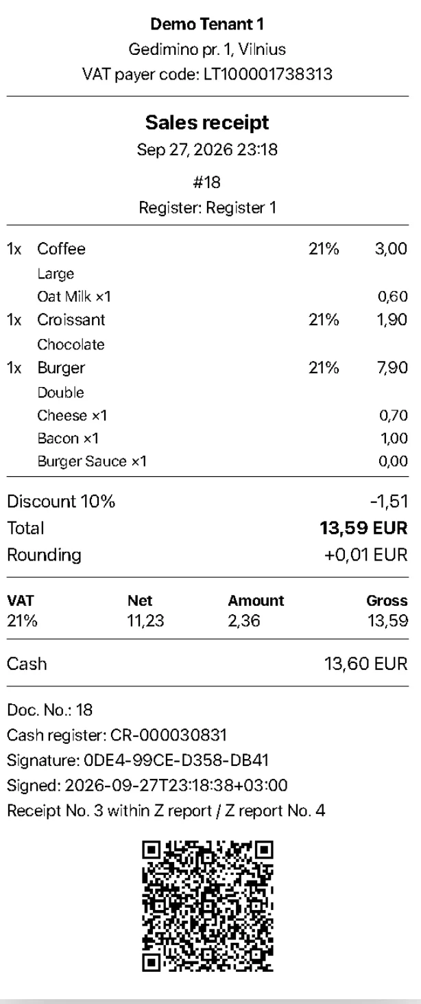 Printed fiscal receipt with the VMI signature and QR code (sample)
