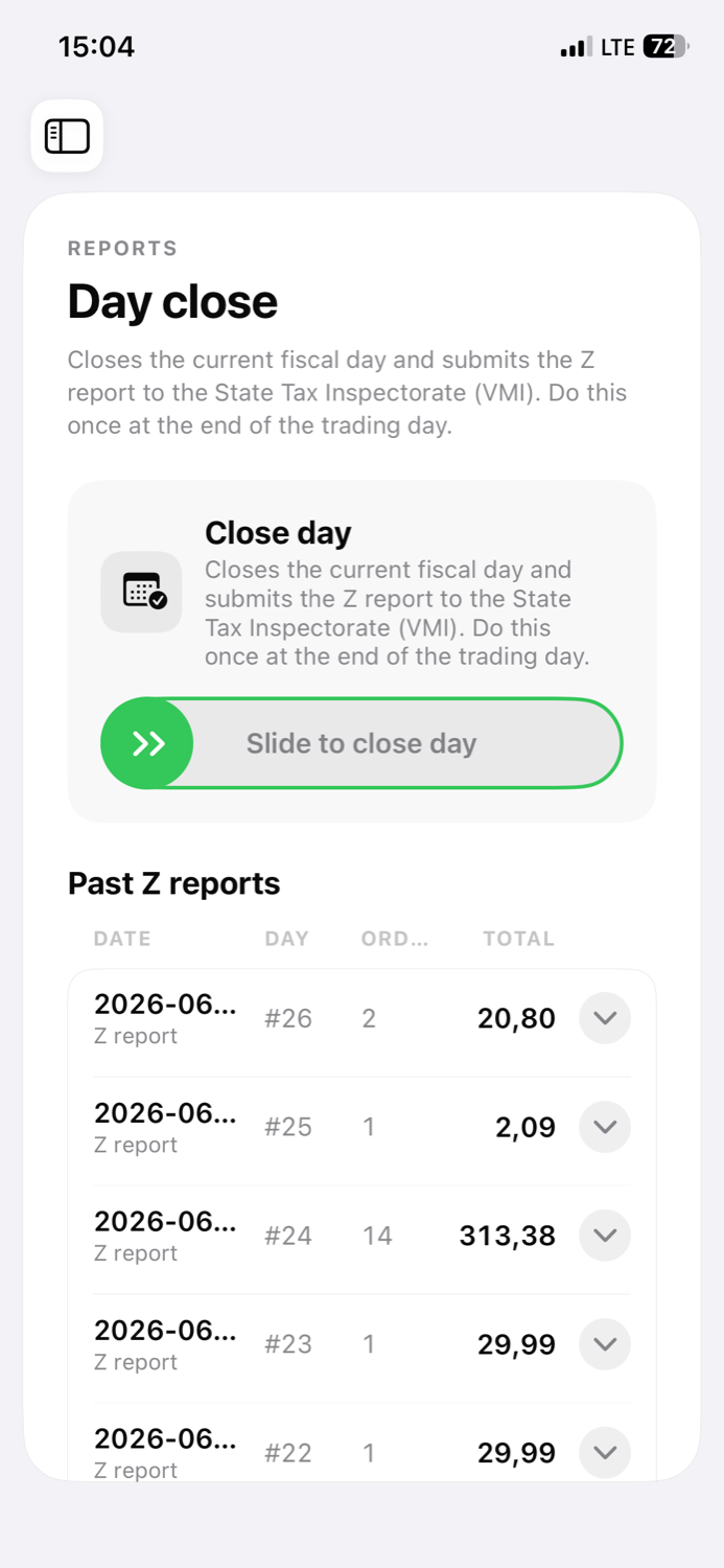 Closing the day on an iPhone: submitting the Z report to VMI, with a list of earlier Z reports