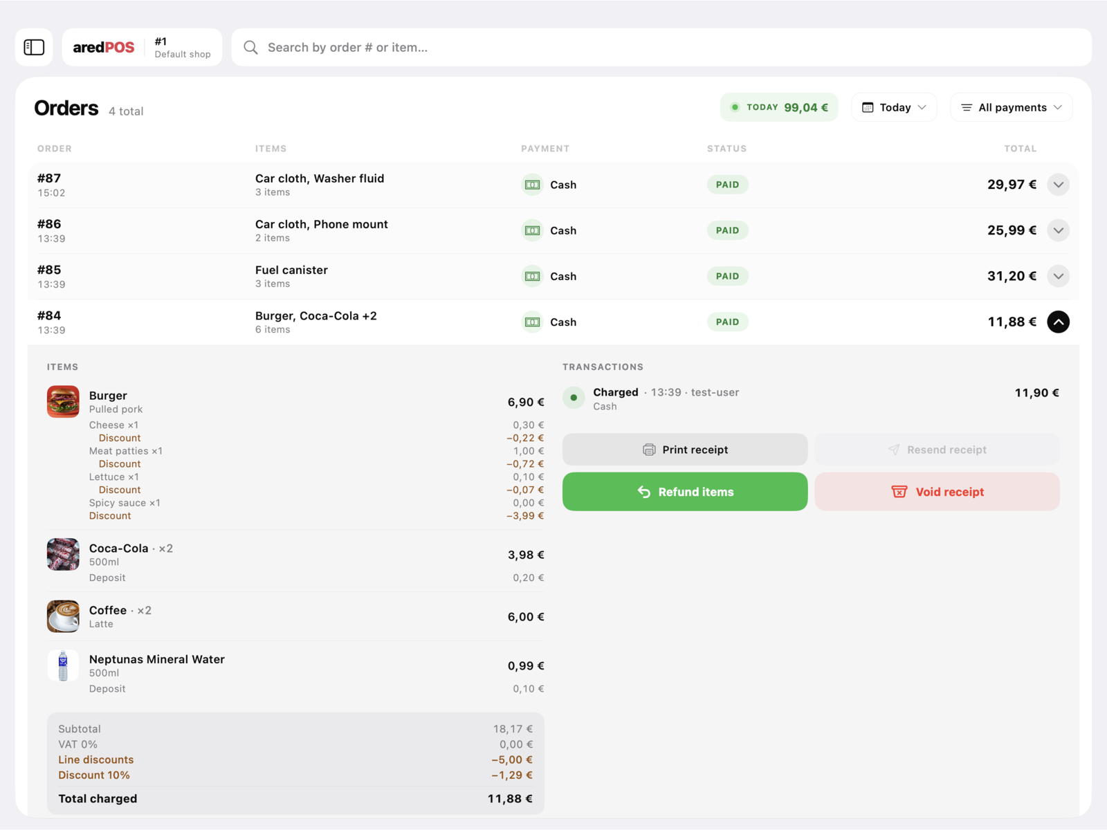 The ared orders list on a Mac with one order expanded and its refund and void buttons